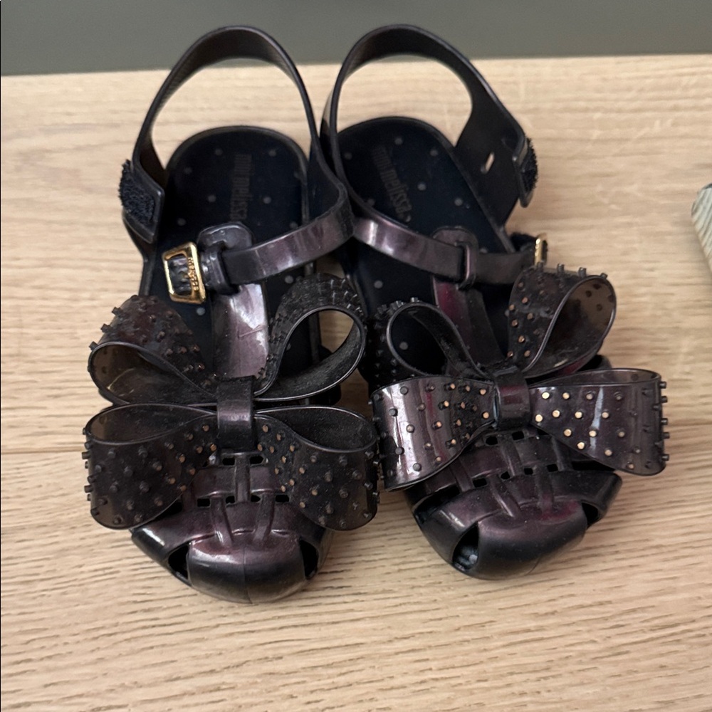 Mini Melissa Metallic Black Kids Sandals with Bow